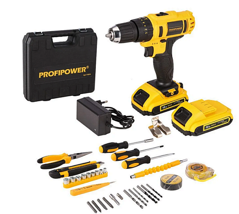 Шуруповерт Profipower DW-18BT, 18В, Li-ion, 2.0 А/ч+ набор инструмента купить в СОМ