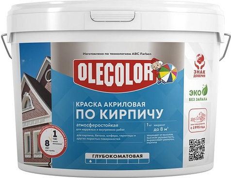 Краска акриловая Olecolor, по кирпичу, атмосферостойкая, красно-коричневый, 3 кг купить в СОМ
