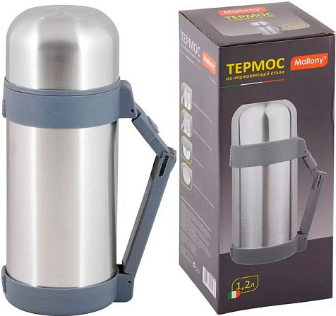 Термос Mallony SF-1200A, 1.2 л, широкое горло, кнопка, ручка, нерж. сталь 73003 купить в СОМ